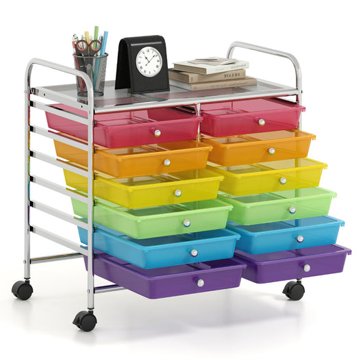 Carrello portaoggetti con 12 cassetti e ampio piano di lavoro, Cassettiera con 4 ruote per soggiorno e cucina Multicolore Trasparente-Carrelli