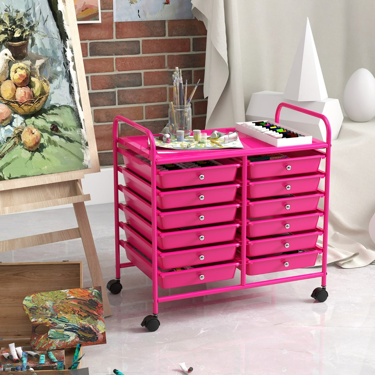Carrello portaoggetti con 12 cassetti e ampio piano di lavoro, Cassettiera con 4 ruote per soggiorno e cucina Rosa-Carrelli