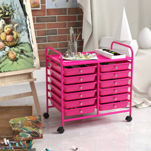 Carrello portaoggetti con 12 cassetti e ampio piano di lavoro, Cassettiera con 4 ruote per soggiorno e cucina Rosa-Carrelli