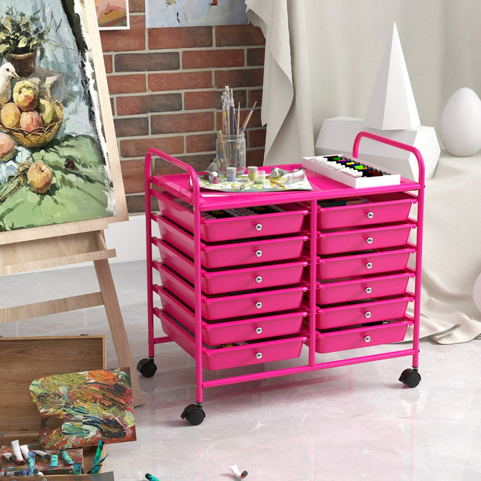 Carrello portaoggetti con 12 cassetti e ampio piano di lavoro, Cassettiera con 4 ruote per soggiorno e cucina Rosa-Carrelli