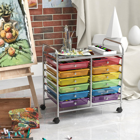 Carrello portaoggetti con 12 cassetti e ampio piano di lavoro, Cassettiera con 4 ruote per soggiorno e cucina Multicolore Trasparente-Carrelli