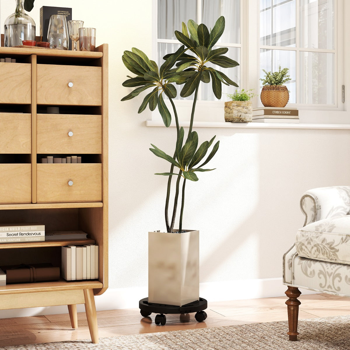 Carrello tondo per piante di plastica per interni ed esterni, Carrello ondo con 4 ruote universali Nero-Deposito utensili Tool