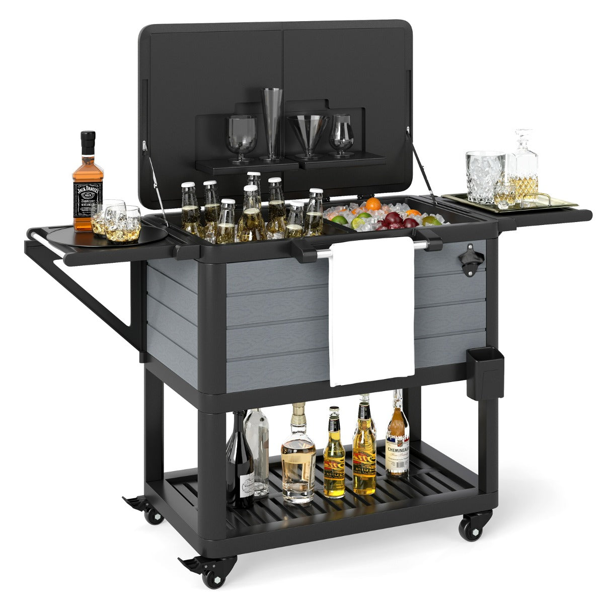 Carrello frigorifero da patio su ruote grande capacit¨¤ 91 L, Carrello per il ghiaccio portatile per feste in giardino Nero e Grigio-Carrelli