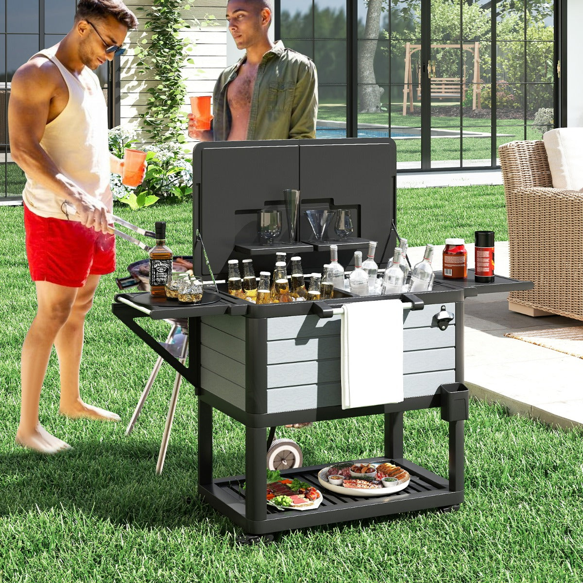 Carrello frigorifero da patio su ruote grande capacit¨¤ 91 L, Carrello per il ghiaccio portatile per feste in giardino Nero e Grigio-Carrelli