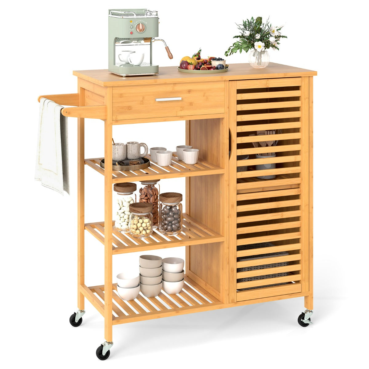 Carrello isola cucina in bamb¨´ con cassetto e 3 ripiani aperti-Tavolo cucina mobile per sala da pranzo Naturale