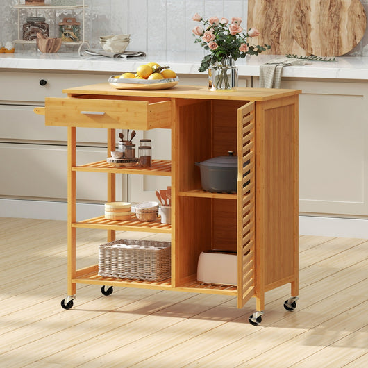 Carrello isola cucina in bamb¨´ con cassetto e 3 ripiani aperti-Tavolo cucina mobile per sala da pranzo Naturale