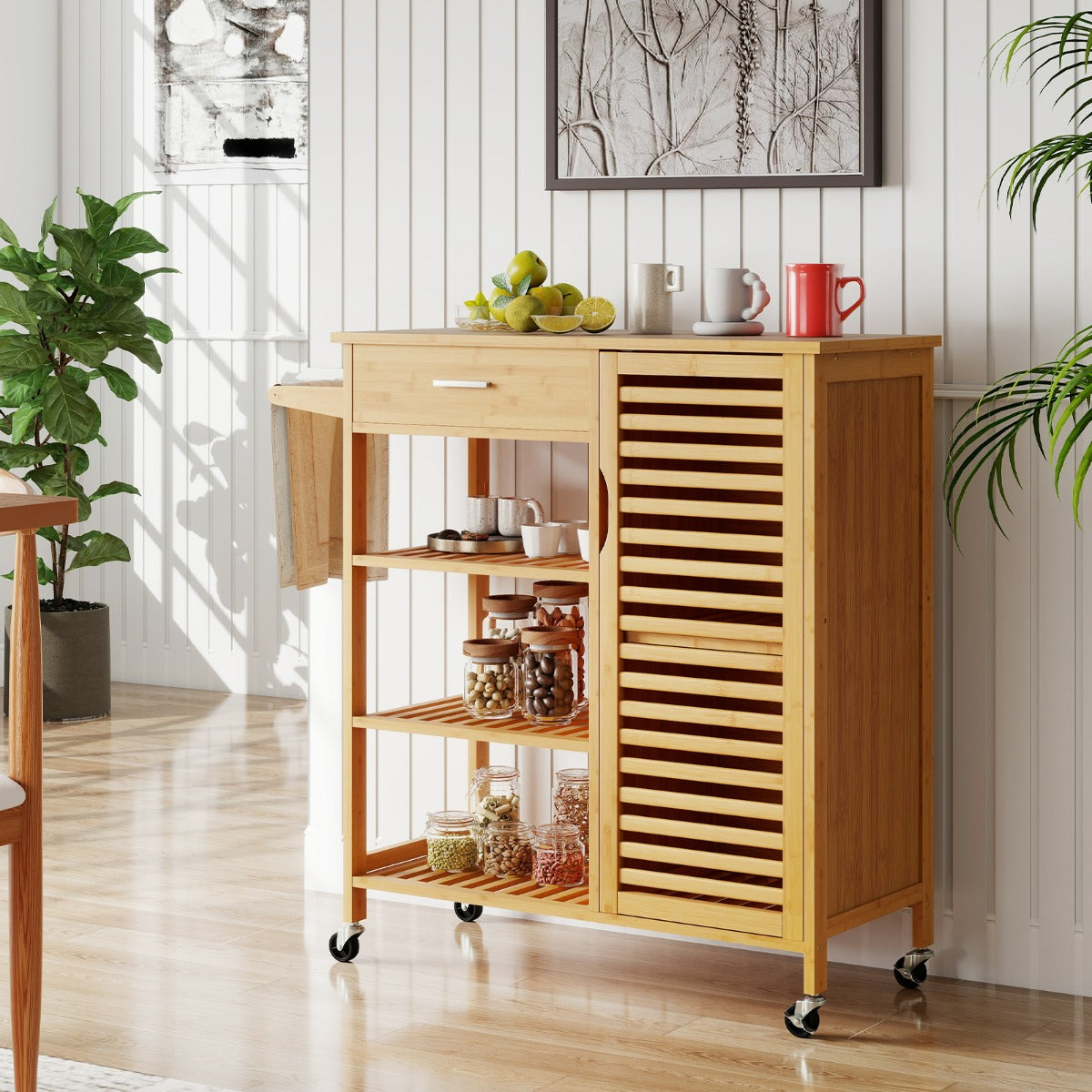 Carrello isola cucina in bamb¨´ con cassetto e 3 ripiani aperti-Tavolo cucina mobile per sala da pranzo Naturale