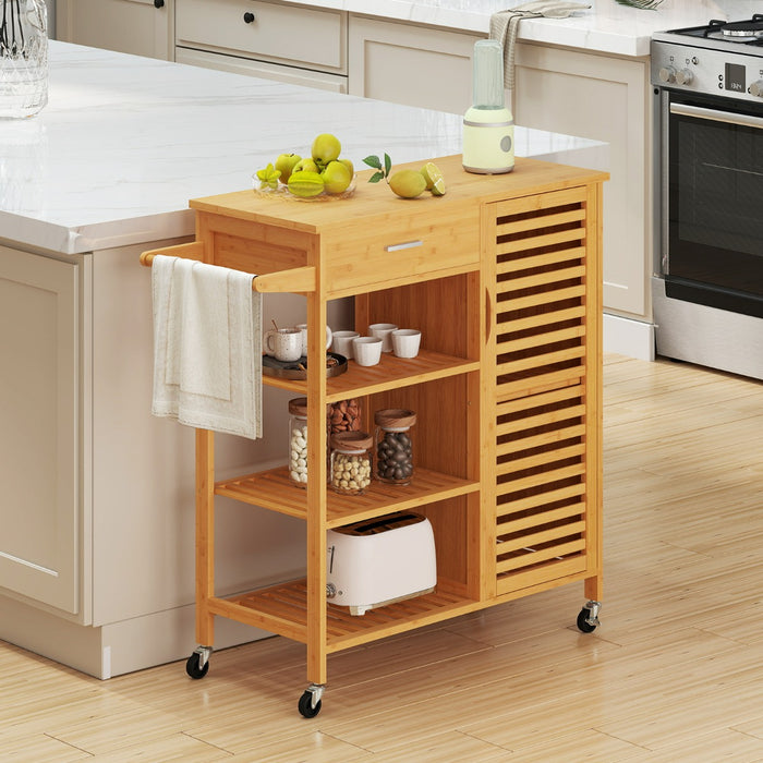 Carrello isola cucina in bamb¨´ con cassetto e 3 ripiani aperti-Tavolo cucina mobile per sala da pranzo Naturale