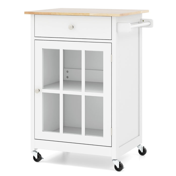 Armadietto mobile con piano in legno di gomma ruote bloccabili in vetro temperato, Carrello isola da cucina per soggiorno Bianco-Carrelli