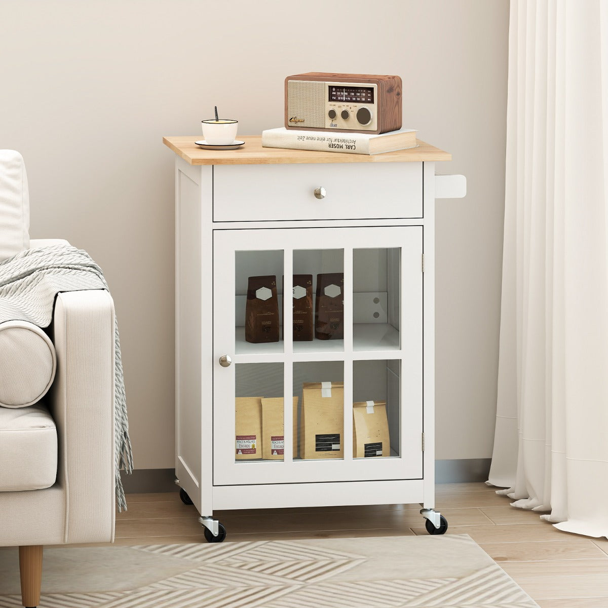 Armadietto mobile con piano in legno di gomma ruote bloccabili in vetro temperato, Carrello isola da cucina per soggiorno Bianco-Carrelli