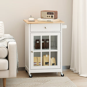 Armadietto mobile con piano in legno di gomma ruote bloccabili in vetro temperato, Carrello isola da cucina per soggiorno Bianco-Carrelli