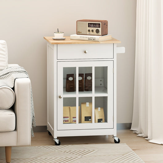 Armadietto mobile con piano in legno di gomma ruote bloccabili in vetro temperato, Carrello isola da cucina per soggiorno Bianco-Carrelli