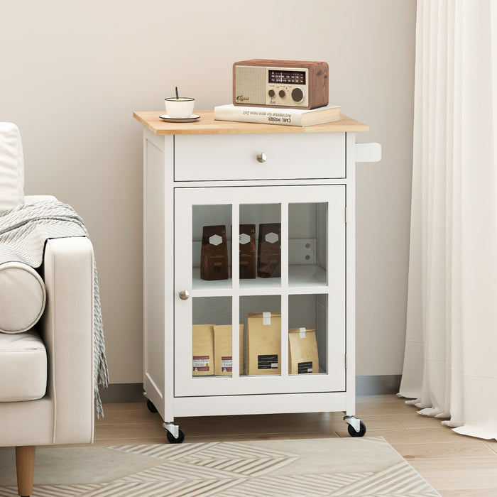 Armadietto mobile con piano in legno di gomma ruote bloccabili in vetro temperato, Carrello isola da cucina per soggiorno Bianco-Carrelli