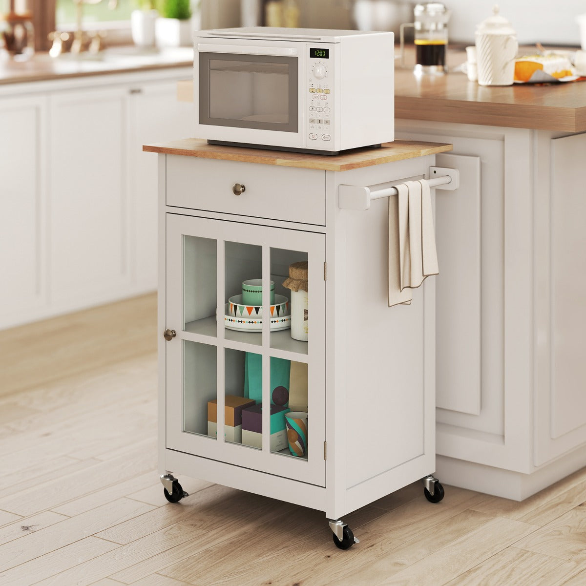 Armadietto mobile con piano in legno di gomma ruote bloccabili in vetro temperato, Carrello isola da cucina per soggiorno Bianco-Carrelli