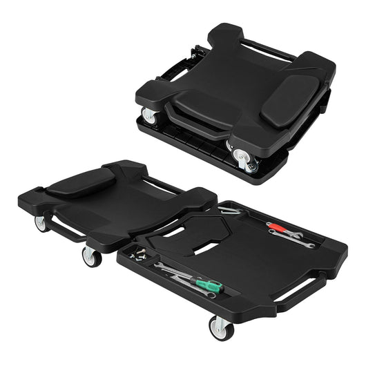 Carrello meccanico pieghevole con poggiatesta imbottito e vassoi porta attrezzi-Carrello automobilistico per garage officina Nero