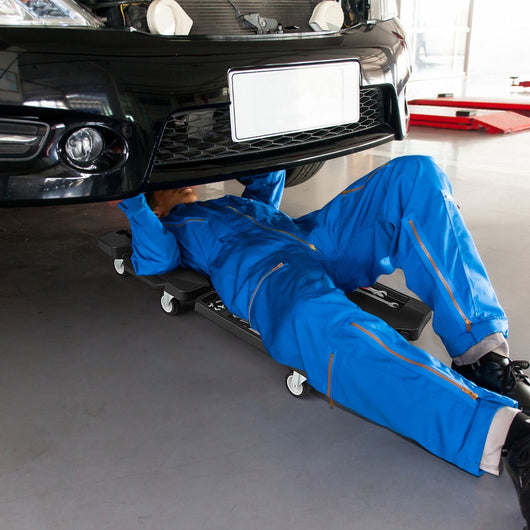 Carrello meccanico pieghevole con poggiatesta imbottito e vassoi porta attrezzi-Carrello automobilistico per garage officina Nero