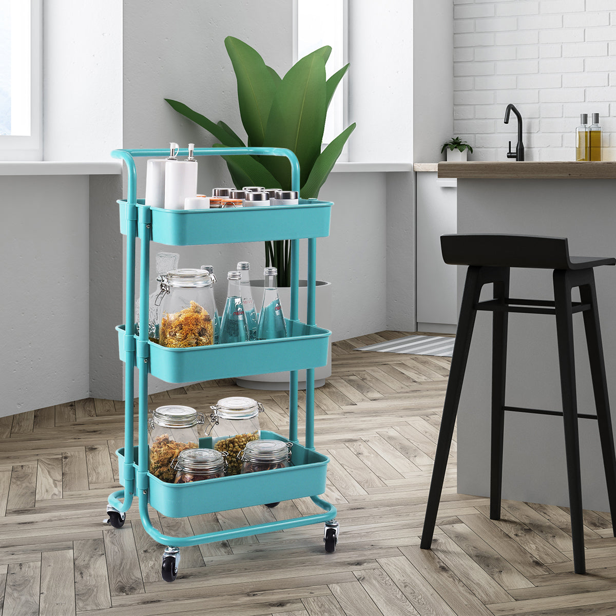 Carrello multifunzione con 3 cesti e maniglia in ABS e ferro da cucina e bagno 42x35,5x86cm Verde-Carrelli