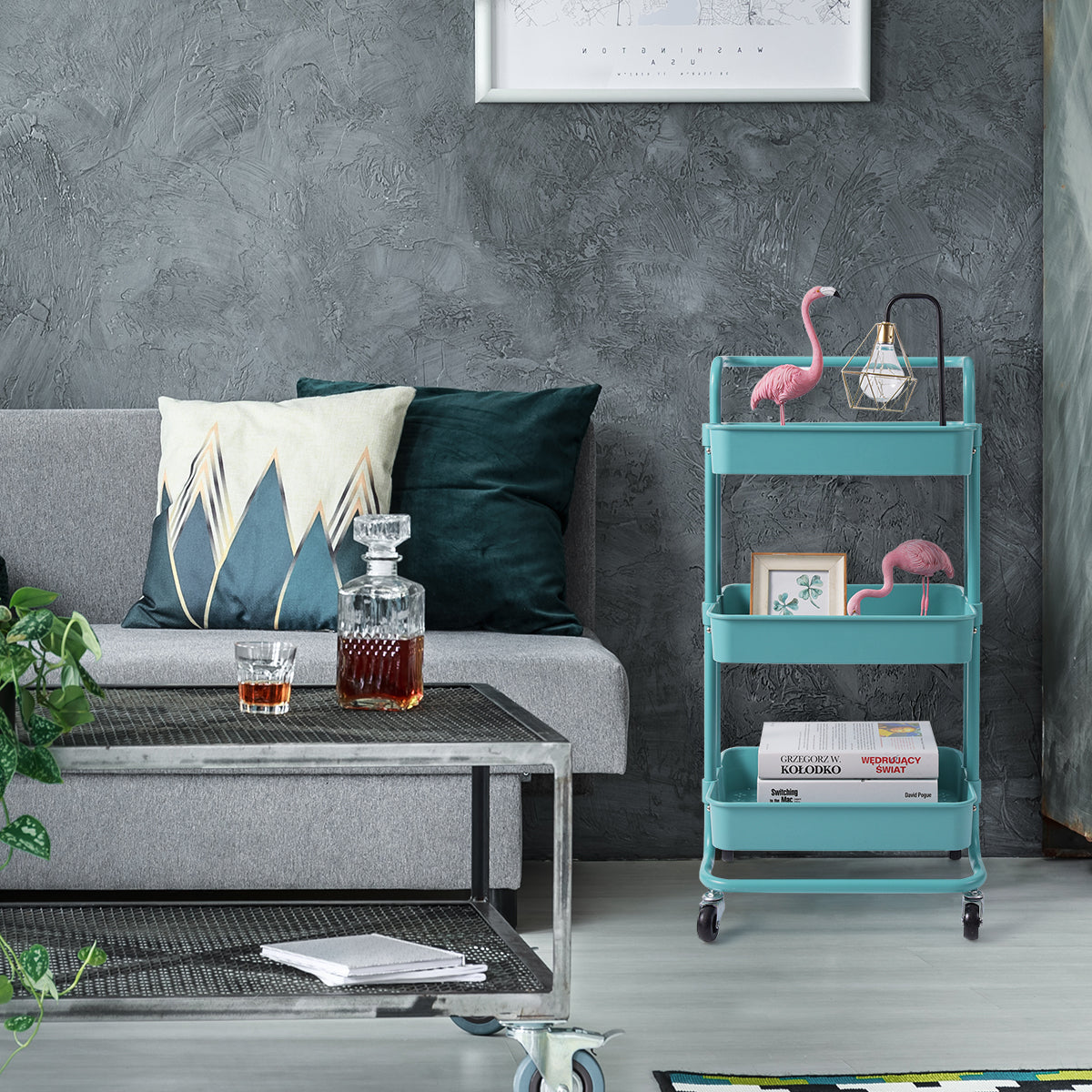 Carrello multifunzione con 3 cesti e maniglia in ABS e ferro da cucina e bagno 42x35,5x86cm Verde-Carrelli