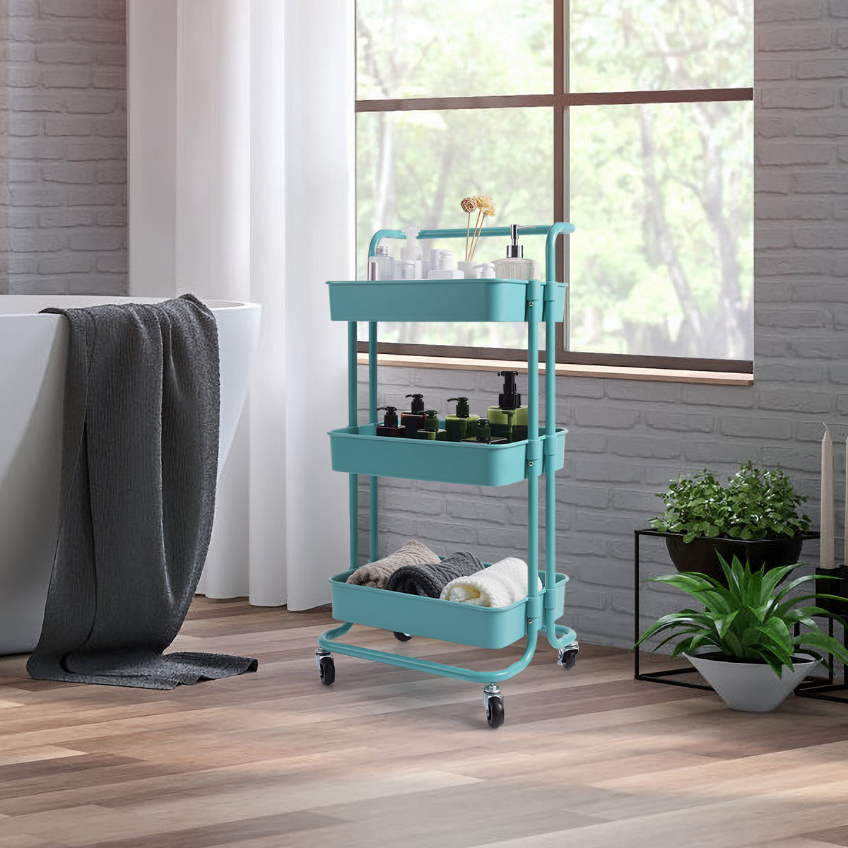 Carrello multifunzione con 3 cesti e maniglia in ABS e ferro da cucina e bagno 42x35,5x86cm Verde-Carrelli