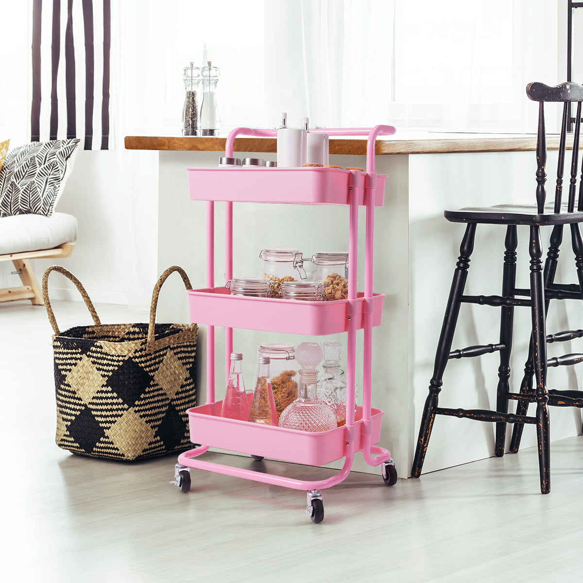 Carrello multifunzione con 3 cesti e maniglia in ABS e ferro da cucina e bagno 42x35,5x86cm Rosa-Carrelli