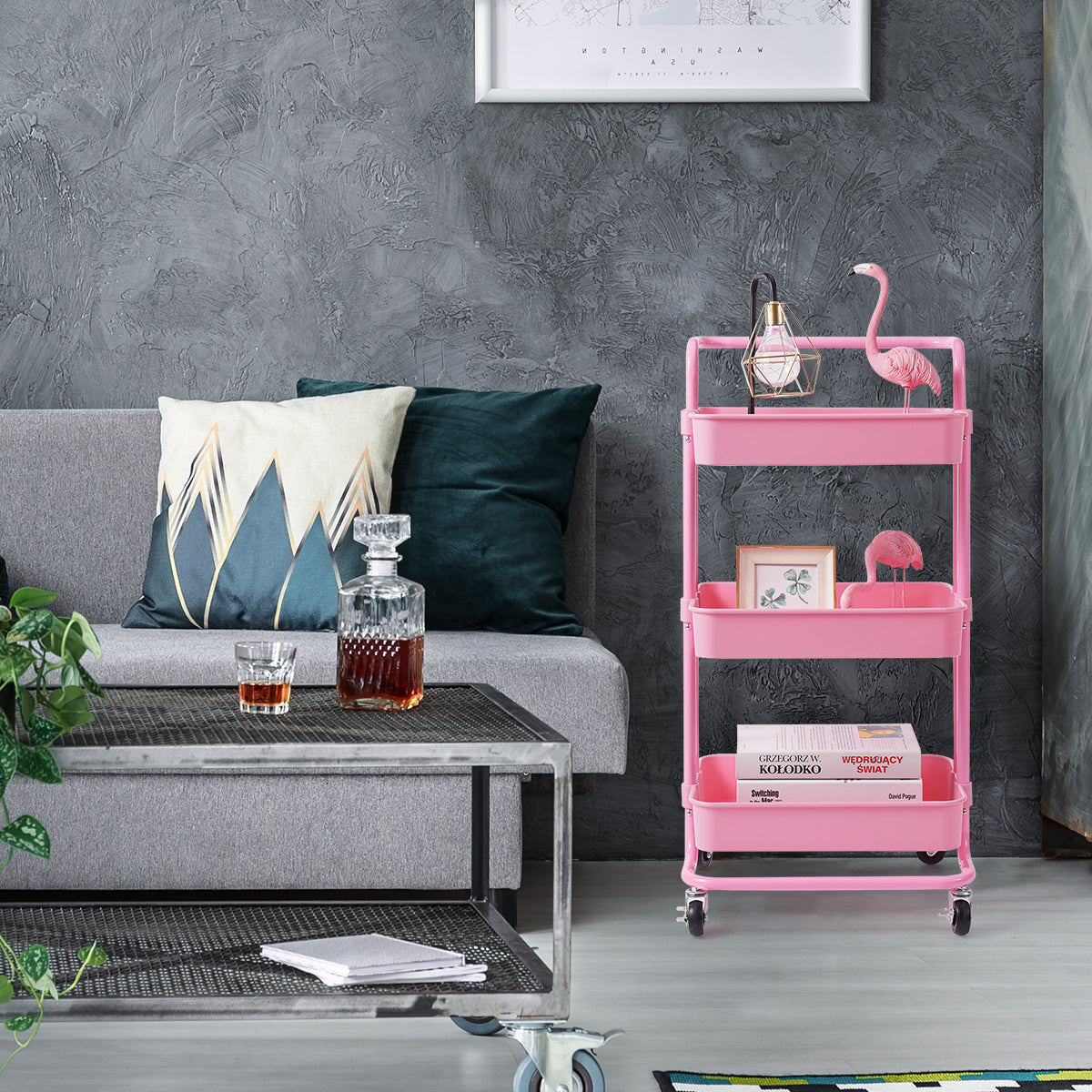 Carrello multifunzione con 3 cesti e maniglia in ABS e ferro da cucina e bagno 42x35,5x86cm Rosa-Carrelli