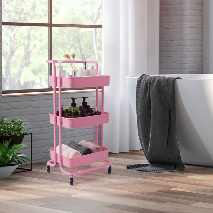 Carrello multifunzione con 3 cesti e maniglia in ABS e ferro da cucina e bagno 42x35,5x86cm Rosa-Carrelli