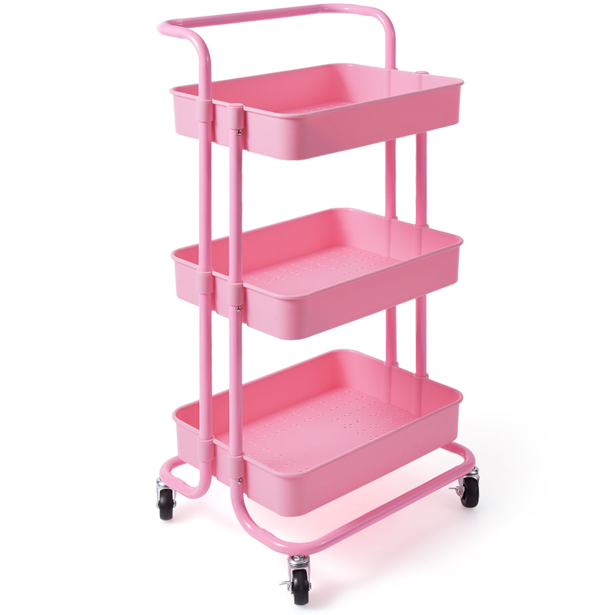 Carrello multifunzione con 3 cesti e maniglia in ABS e ferro da cucina e bagno 42x35,5x86cm Rosa-Carrelli