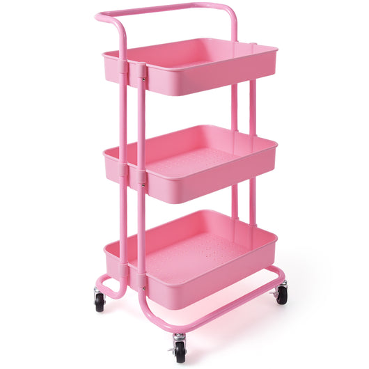 Carrello multifunzione con 3 cesti e maniglia in ABS e ferro da cucina e bagno 42x35,5x86cm Rosa-Carrelli