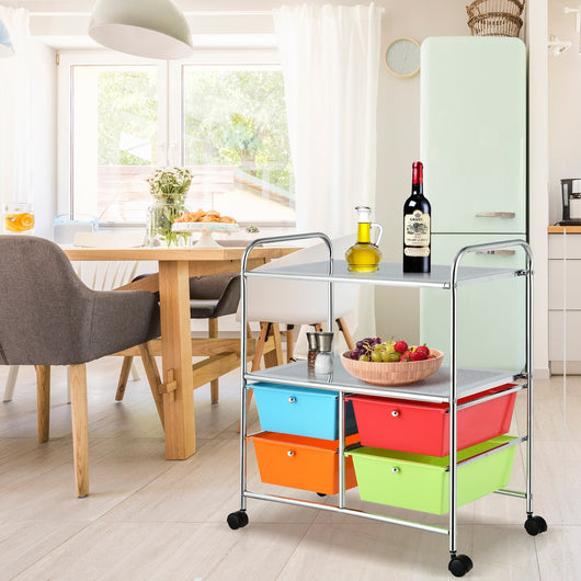 Carrello multiuso con ruote, Carrello con 4 cassettiere e 2 piani per cucina bagno 63,5x37x75cm Colorato 2-Carrelli