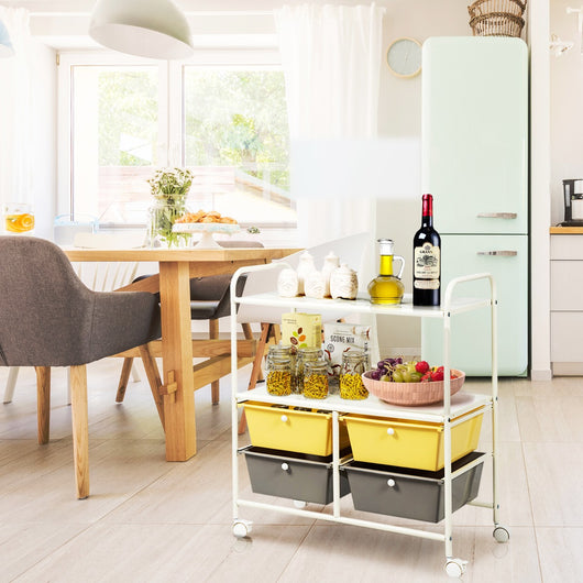 Carrello multiuso con ruote, Carrello con 4 cassettiere e 2 piani per cucina bagno 63,5x37x75cm Giallo-Carrelli