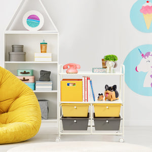 Carrello multiuso con ruote, Carrello con 4 cassettiere e 2 piani per cucina bagno 63,5x37x75cm Giallo-Carrelli