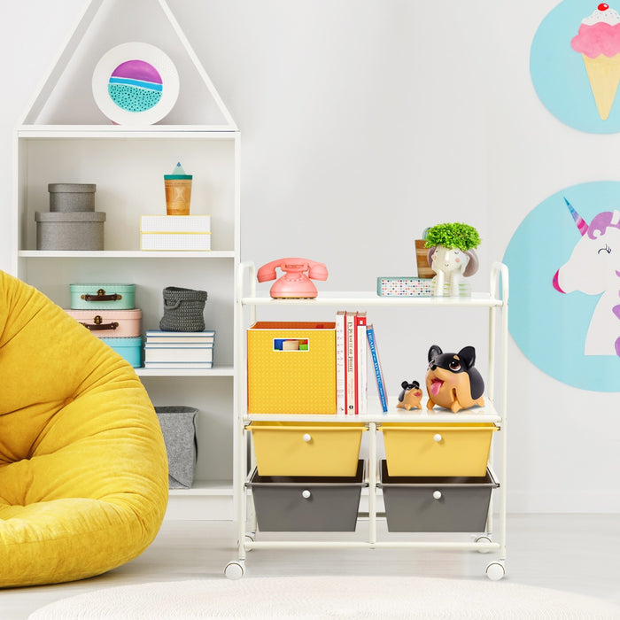 Carrello multiuso con ruote, Carrello con 4 cassettiere e 2 piani per cucina bagno 63,5x37x75cm Giallo-Carrelli