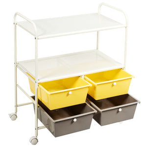 Carrello multiuso con ruote, Carrello con 4 cassettiere e 2 piani per cucina bagno 63,5x37x75cm Giallo-Carrelli