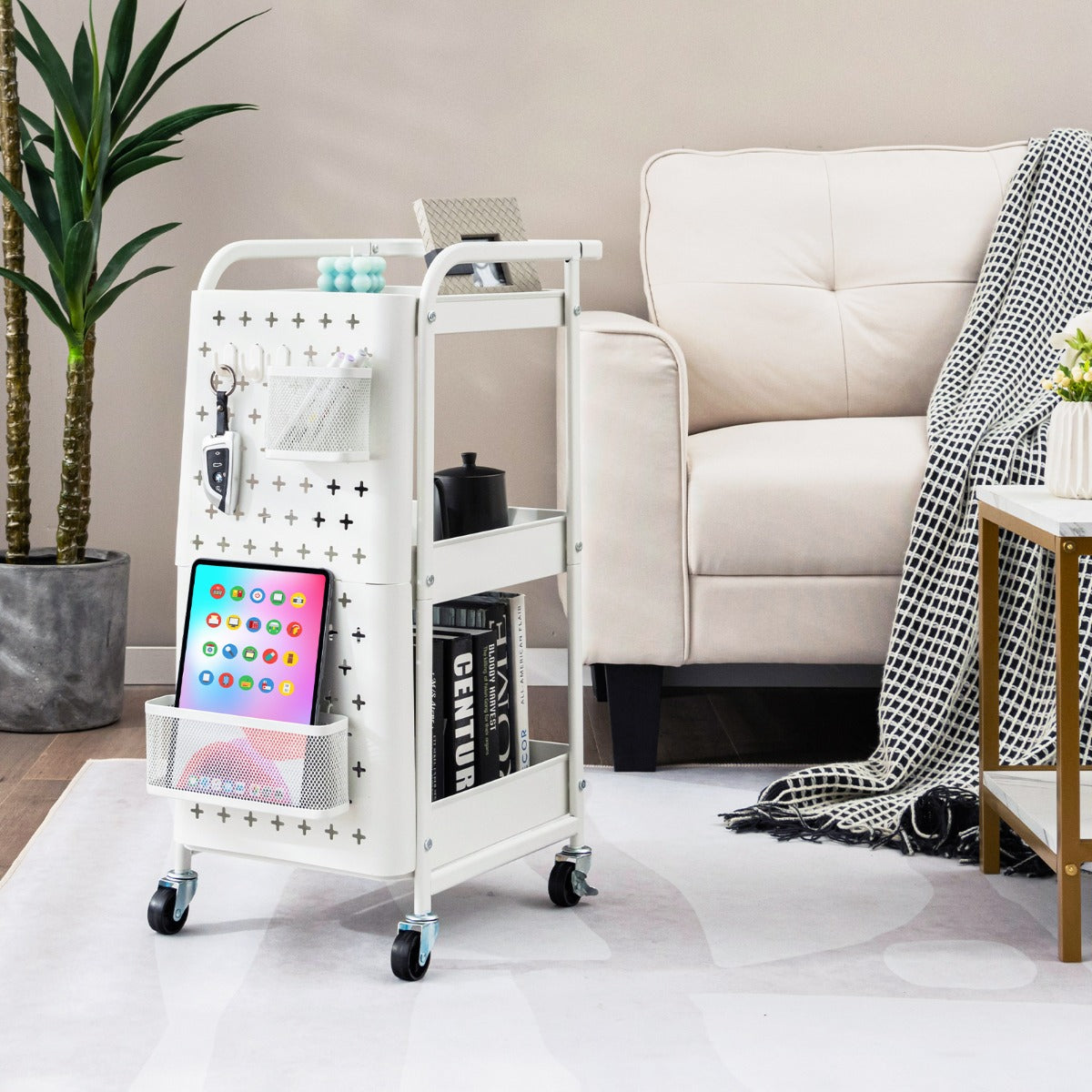 Carrello multiuso a 3 livelli con 2 cestini 4 ganci, Carrello organizzatore di stoccaggio per cucina Bianco-Carrelli