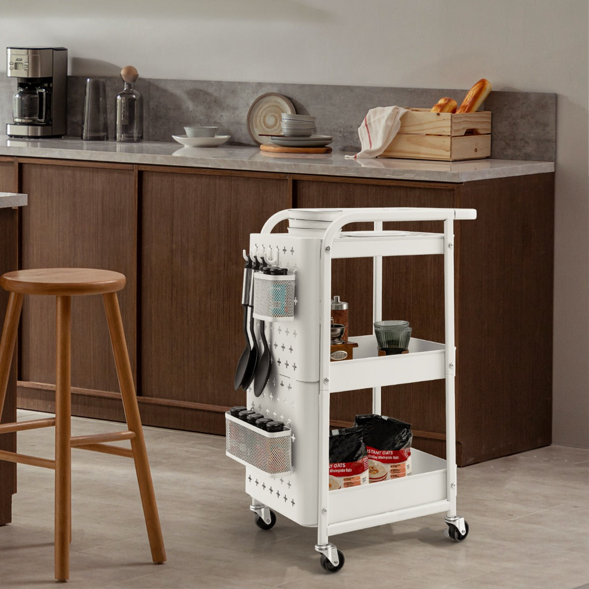 Carrello multiuso a 3 livelli con 2 cestini 4 ganci, Carrello organizzatore di stoccaggio per cucina Bianco-Carrelli