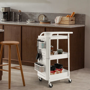 Carrello multiuso a 3 livelli con 2 cestini 4 ganci, Carrello organizzatore di stoccaggio per cucina Bianco-Carrelli
