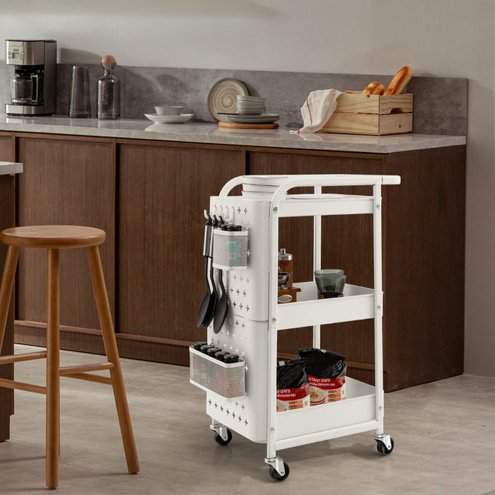 Carrello multiuso a 3 livelli con 2 cestini 4 ganci, Carrello organizzatore di stoccaggio per cucina Bianco-Carrelli