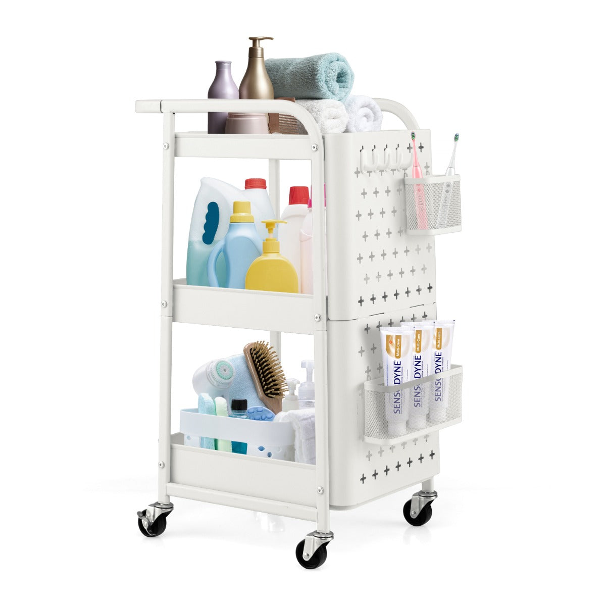 Carrello multiuso a 3 livelli con 2 cestini 4 ganci, Carrello organizzatore di stoccaggio per cucina Bianco-Carrelli