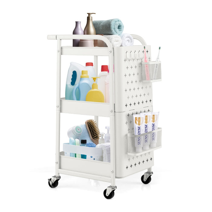 Carrello multiuso a 3 livelli con 2 cestini 4 ganci, Carrello organizzatore di stoccaggio per cucina Bianco-Carrelli