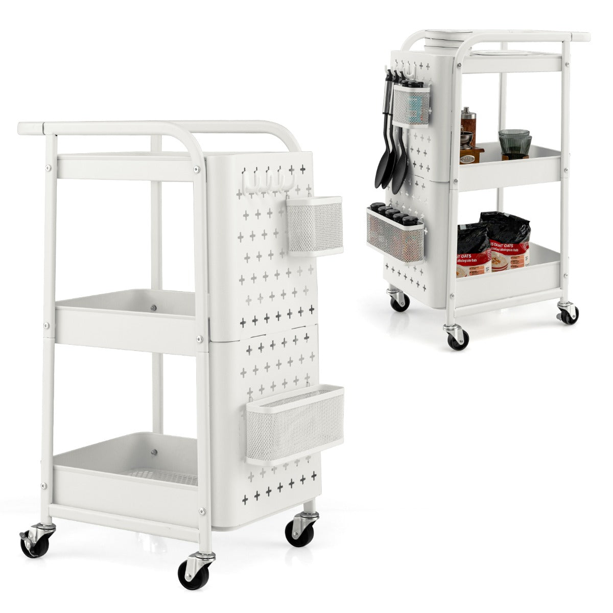 Carrello multiuso a 3 livelli con 2 cestini 4 ganci, Carrello organizzatore di stoccaggio per cucina Bianco-Carrelli
