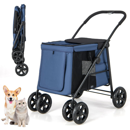 Carrello pieghevole per animali domestici, Passeggino per cani e gatti a 4 ruote con lucernario tasche Blu scuro-Giochi e accessori per cani