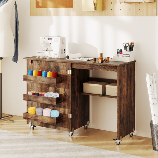 Carrello per artigianato con ripiano e contenitori per camera da letto, Tavolo da cucito pieghevole con stazione di ricarica Marrone-Scrivanie