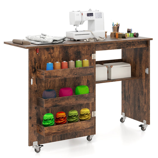 Carrello per artigianato con ripiano e contenitori per camera da letto, Tavolo da cucito pieghevole con stazione di ricarica Marrone-Scrivanie