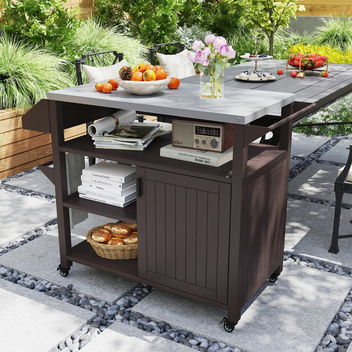 Carrello per grill da esterno con portaspezie per barbecue, Isola da cucina portatile in metallo su ruote-Accessori per barbecue