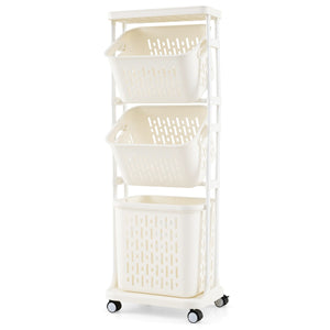 Carrello per lavanderia a 3 ripiani con 4 ruote girevoli 3 cestini-Carrello multiuso Organizzatore per separare il bucato per bagno Bianco