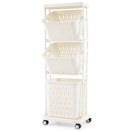 Carrello per lavanderia a 3 ripiani con 4 ruote girevoli 3 cestini-Carrello multiuso Organizzatore per separare il bucato per bagno Bianco
