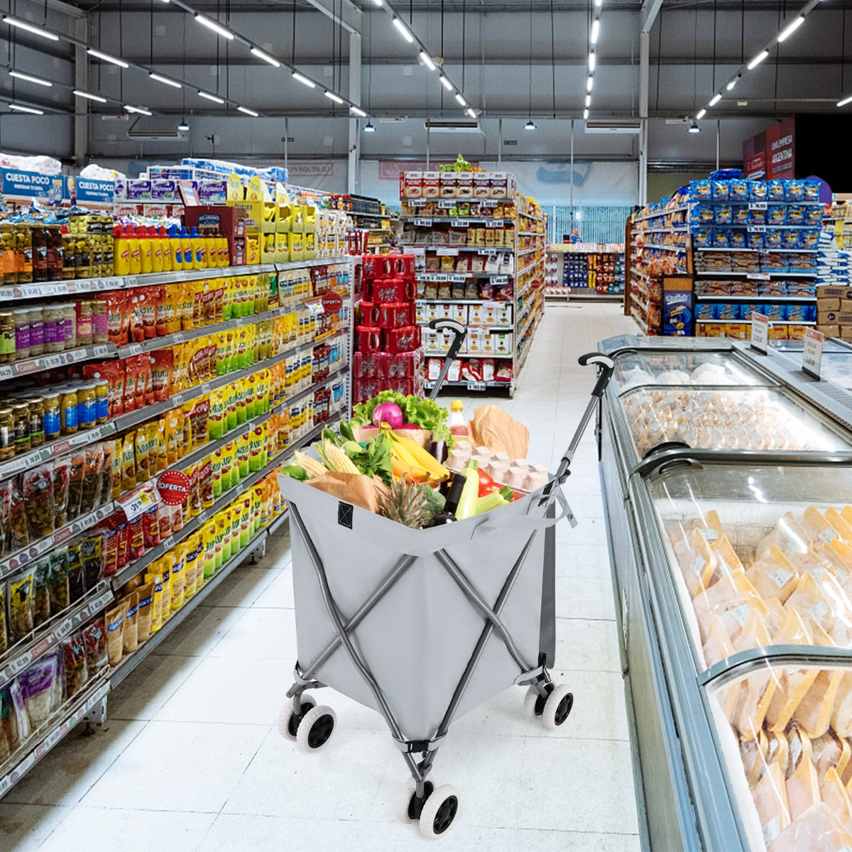 Carrello pieghevole con ruote fodera in tessuto oxford rimovibile impermeabile, Carrello della spesa leggera Grigio-Strumenti cucina