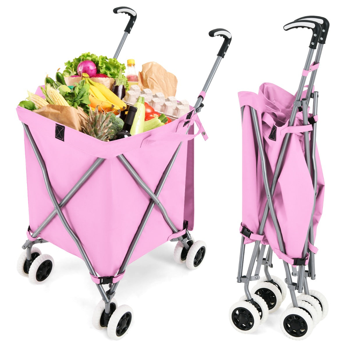 Carrello pieghevole con ruote fodera in tessuto oxford rimovibile impermeabile, Carrello della spesa leggera Rosa-Strumenti cucina