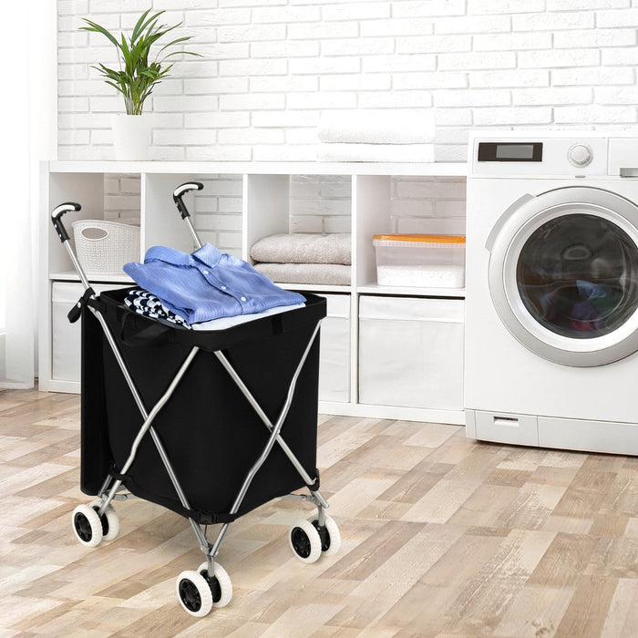 Carrello pieghevole con ruote fodera in tessuto oxford rimovibile impermeabile, Carrello della spesa leggera Nero-Strumenti cucina