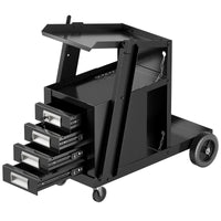 Carrello porta saldatrice con 4 cassetti ripiano per bombola e catene di sicurezza, Trolley in metallo Nero-Deposito utensili Tool